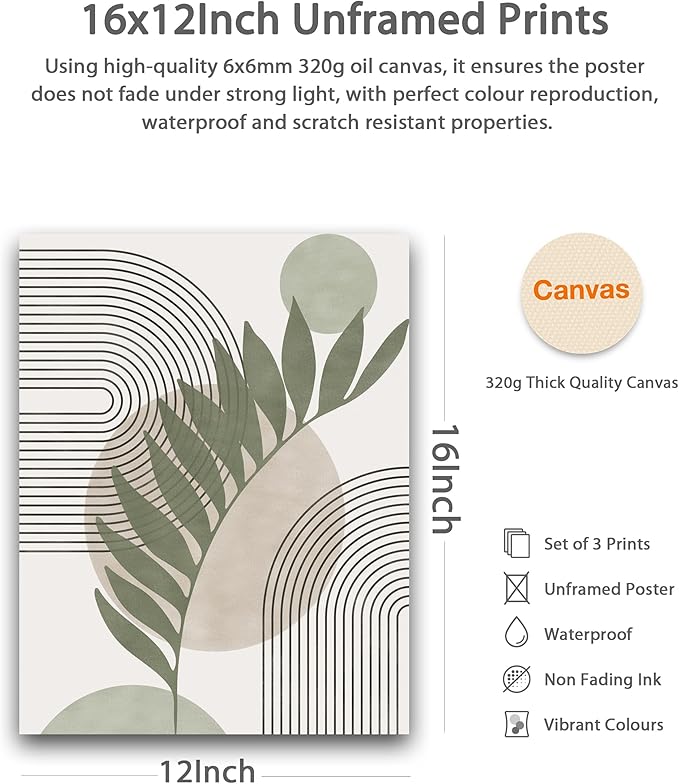 HesenDot Unframed Boho Sage Green Canvas Prints,12x16in Botanical Line Poster,Set of 3 Abstract Geometric Posters Decor,Minimalist Modern Green Artwork for Living Room Bedroom Bathroom Home, Unframed