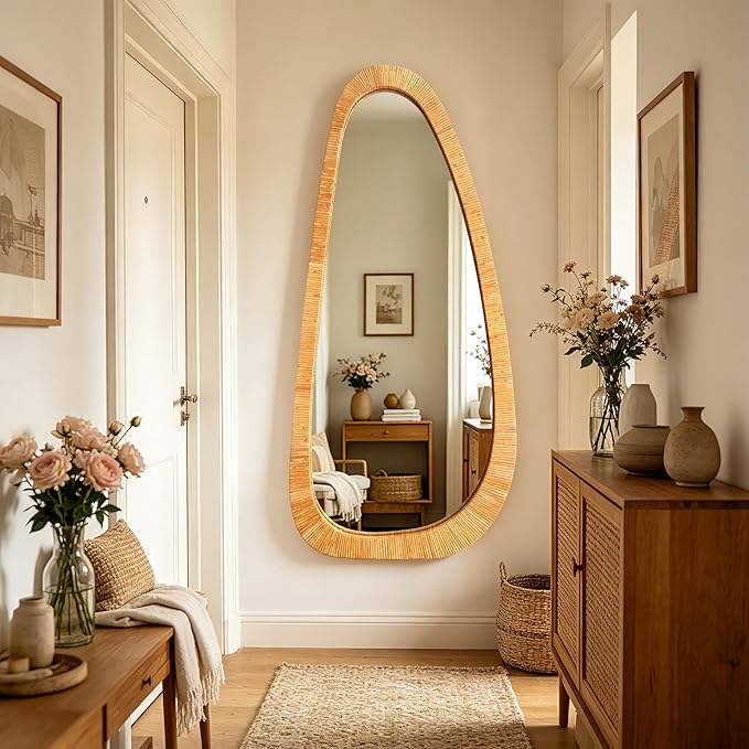 BAODANFU 22x48 Inch Asymmetrical Rattan Wall Mirror, Full Length Irregular Handwoven Natural Rattan Frame Mirror, 4-Way Mount Boho Decorative Mirror for Bedroom Entryway Living Room Farmhouse