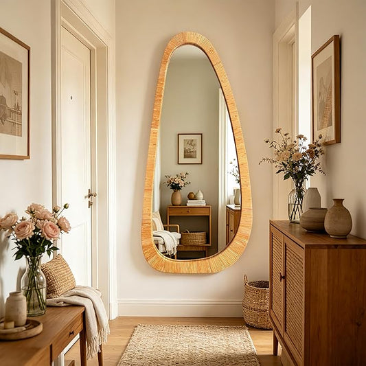 BAODANFU 22x48 Inch Asymmetrical Rattan Wall Mirror, Full Length Irregular Handwoven Natural Rattan Frame Mirror, 4-Way Mount Boho Decorative Mirror for Bedroom Entryway Living Room Farmhouse