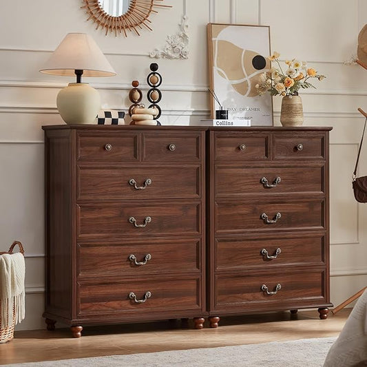 Farmhouse 6 Drawer Dresser Set of 2 for Bedroom, 42" Tall Rustic Chests of Drawers w/ 4 Solid Wood Feet, Mid Century Vintage Wooden Closet Storage Dressers Organizer for Living Room,Brown