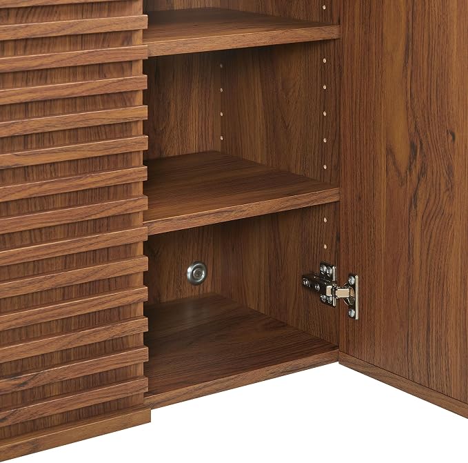 Modway Render Bathroom Cabinet Set in Walnut - Freestanding Linen Cabinet and Wall Mounted Storage with Slatted Doors, Adjustable Shelves