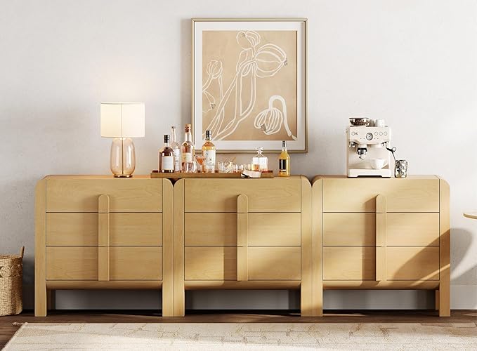 WAMPAT Large Sideboard Buffet Cabinet with Storage with 9 Drawers, Modern French 94.5" W Buffet Cabinet with Storage, Wood Coffee Bar Cabinets with Curved Edge Design for Kitchen Living Room, Oak