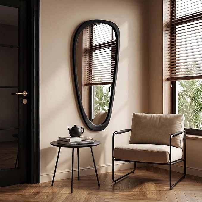 22‘’x48'' Asymmetrical Rustic Wall Mirror for Bathroom Black Wood Frame, Irregular Classic Mirror Farmhouse Vanity Mirror,Mid Century Modern Mirror Decor Living Room, Bedroom, Entryway