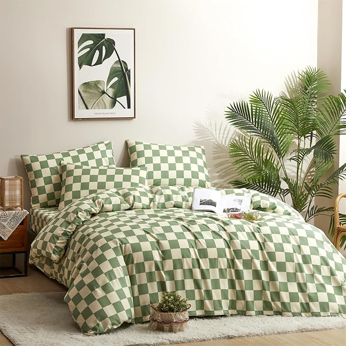 Pureant Green White Plaid Comforter Sets Full Women Men Sage Green Checkerboard Grid Bedding Comforters Cotton Boys Girls Modern Grass Green and White Checkered Geometric Quilts Luxury Abstract Bed