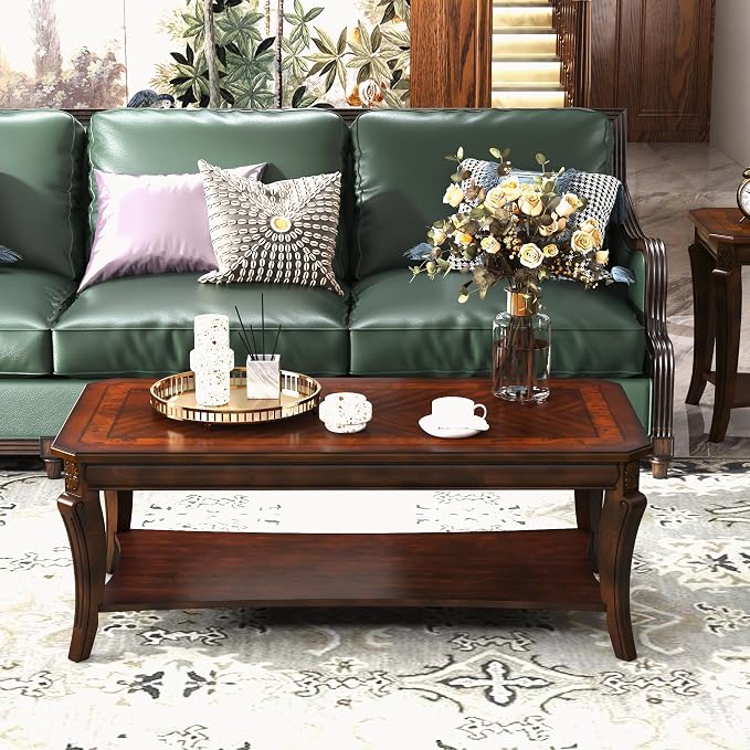 LEEMTORIG Vintage Wood Coffee Table for Living Room, 47 inches Rectangular 2-Tier Coffee Tables with Storage Shelf, Traditional Mid Century Queen Anne Style Cocktail Table, Cherry Walnut KFZ-A1168-WD