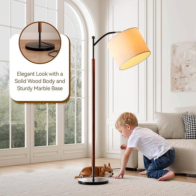 Arc Wood Floor Lamp, Corner Modern Mid Century Lamp with Linen Shade & Marble Base, Floor Lamp for Reading - Adjustable Standing Light for Living Room, Bedroom and Home Office, Walnut