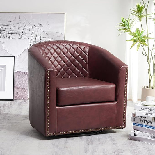 KINWELL 29" Wide Tufted Faux Leather Swivel Barrel Chair, PU Leather Modern Upholstered Accent Chairs with Nailhead Trim, Small Armchair for Living Room Bedroom, Red