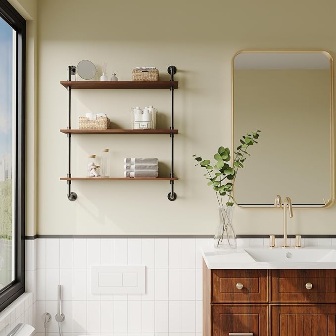 3-Tier Industrial Pipe Floating Shelf – Rustic 24 inch Wood Wall-Mounted Storage Shelf for Kitchen Office,Bathroom & Home Decor -Walnut