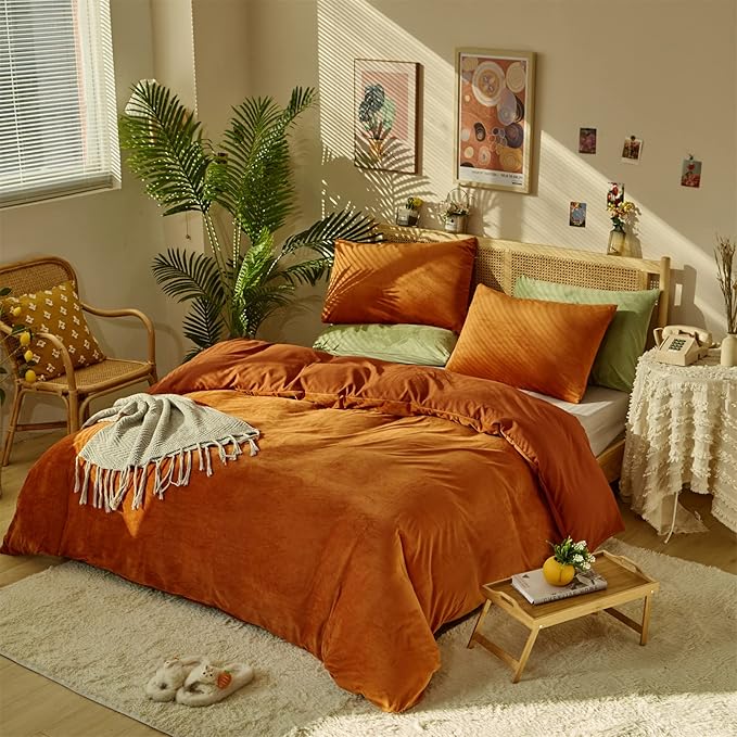 Pureant Burnt Orange Fluffy Comforter Set Queen Rust Velvet Bedding Comforter Sets for Women Girls Solid Terracotta Flannel Blankets Plain Rust Caramel Queen Size Comforter Modern Reddish Brown Bed