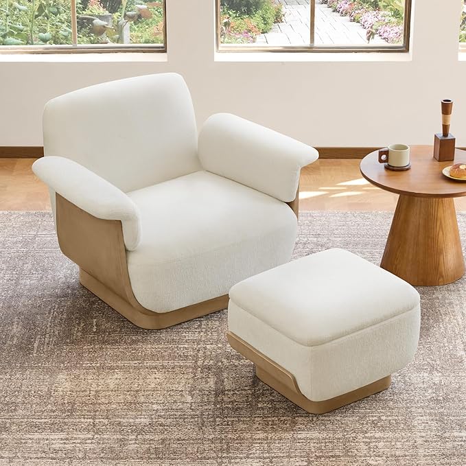 CHITA Fabric Reclining Swivel Chair with Storage Ottoman, Modern Living Room Accent Chair with Lounge Seat for Bedroom, Office, Cream