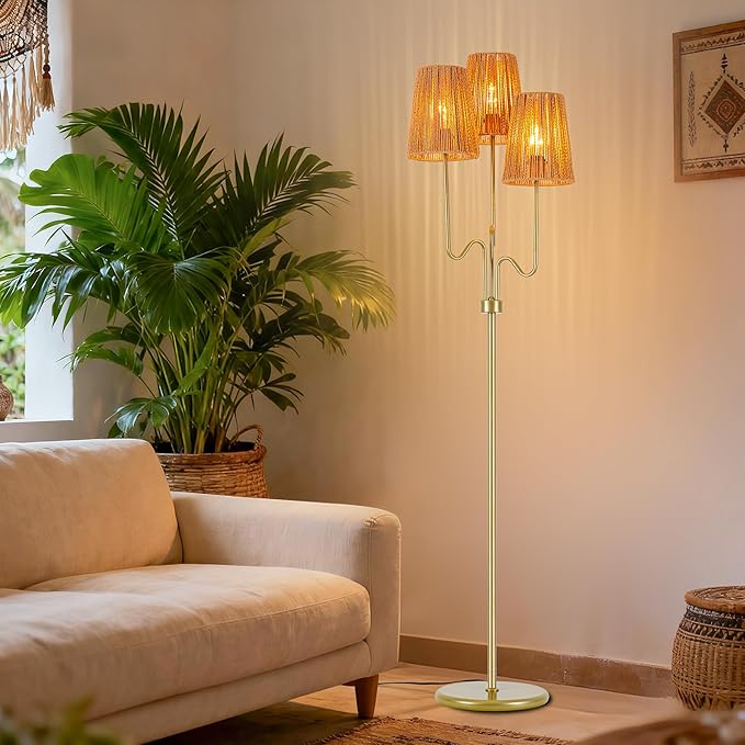 MAYNA Bohemian Floor Lamp, 68 in. Rattan Floor Lamp with Rattan Shade, 3-Light Tree-Shaped Stand Lamp for Bedroom, Nursery, E26 Socket, Living Room(Gold)