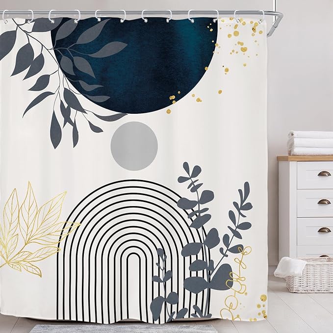 Riyidecor Extra Wide Boho Navy Blue Shower Curtain for Bathroom Decor 72Wx78H Gold Eucalyptus Plants Abstract Boho Modern Mid Century Art Printed Fabric Polyester Waterproof 12 Pack Plastic Hooks