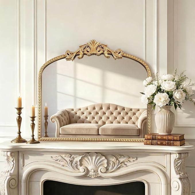 Gold Arched Mirror - Vintage Wall Mounted Large Mirror: 35"x28" Matt Gold Antique Wall Decor - Baroque Traditional Ornate for Entryway/Fireplace/Bathroom/Hallway