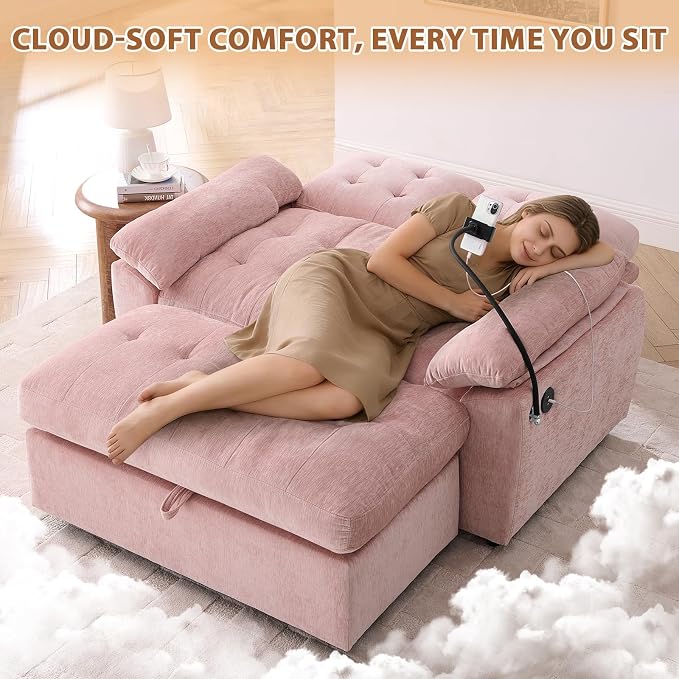 Oversized Chaise Lounge Chair Indoor, Double Convertible Recliner Reading Arm Sofa Chair W/Adjustable Backrest & Charging Port Couch Bed for Living Room, Home Theater & Bedroom, Pink