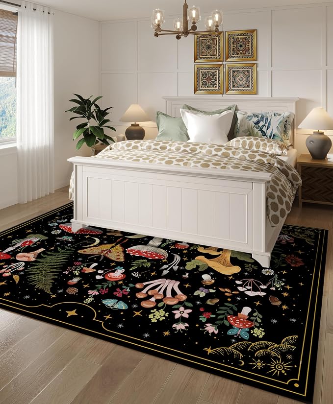 Mushroom Moth Area Rugs for Living Room Dining Room Bedroom Farmhouse, 8'x10' Non-Slip Machine Washable Black Living Room Rug Carpet, Witchy Decor Aesthetic