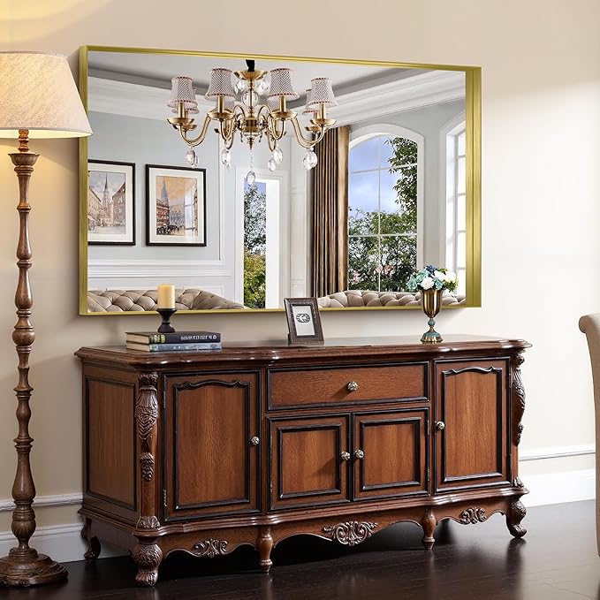 CIRCUMI Gold Bathroom Mirror, 36"x60" Rectangular Mirror with Deep Metal Frame, Brushed Finish, Tempered Glass, Large Mirror for Wall, Over 2 Sinks, Installed Vertically/Horizontally, Crystal-Clear