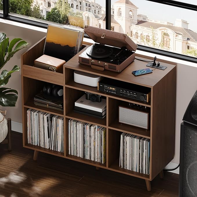 Cozy Castle Large Record Player Stand with Vinyl Storage Cabinet, Wood Turntable Table Open Shelf Holder Up to 500 Albums Cube Storage Organizer for Living Room, Office, Brown