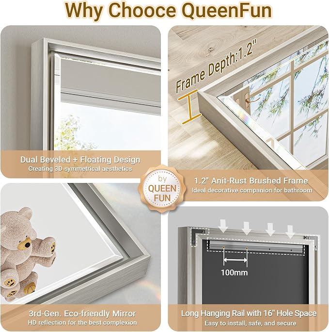 48'' x 36'' Brushed Nickel Framed Beveled Bathroom Mirror, Shatterproof Rectangle Brushed Nickel Frame Mirror, Anti-Rust Vertical/Horizontal Wall-Mounted Mirrors