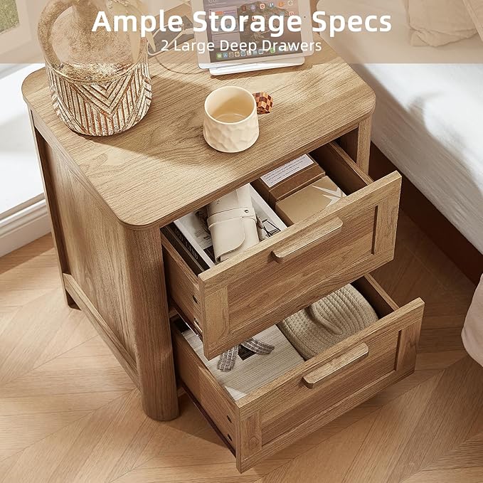 Farmhouse Nightstand with Charging Station, End Tables Bedroom with 2 Large Drawers & 4 Thickened Table Legs, Dark Wood