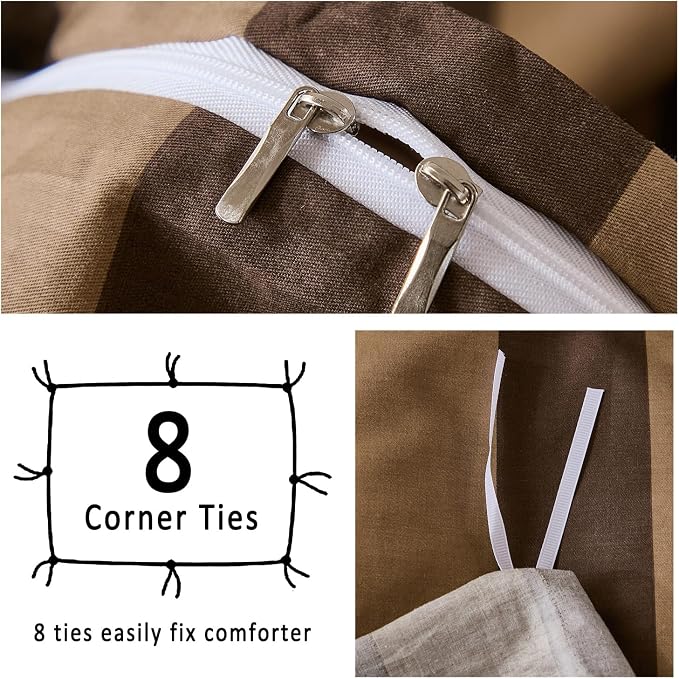 Merryword Brown Striped Duvet Cover Set King Size, 100% Natural Cotton Linen Like Duvet Cover Set with Zipper Closure & 8 Corner Ties, Brown Khaki Soft Reversible Bedding for All Seasons