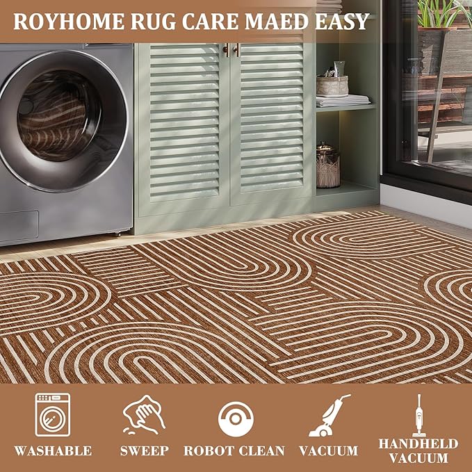 Washable Rug 5x7 Area Rugs for Living Room, Abstract Rug for Bedroom, Soft Rainbow Non Slip Throw Rugs with Rubber Back, Low Pile Stain Resistant Boho Geometric Carpet for Dining Room, Copper