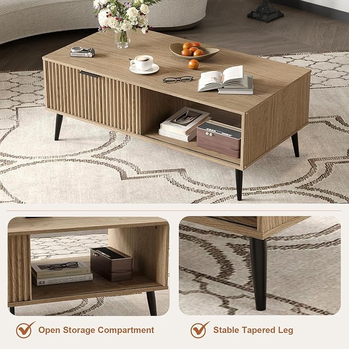 Coffee Table with Storage, Wooden Coffee Tables with Sliding Door and Solid Wood Legs, 2-Tier Cocktail Table, Mid Century Modern Coffee Table for Living Room, Home Office, Farmhouse, Natural