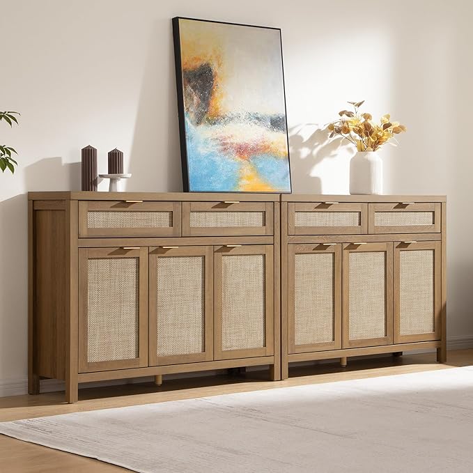SICOTAS Rattan Sideboard Buffet Cabinet with Storage, Boho Credenza Accent Cabinet with 3 Doors and 2 Drawers, Farmhouse Console Coffee Bar for Kitchen Living Room Entryway, Caramel Oak, 2 PCS