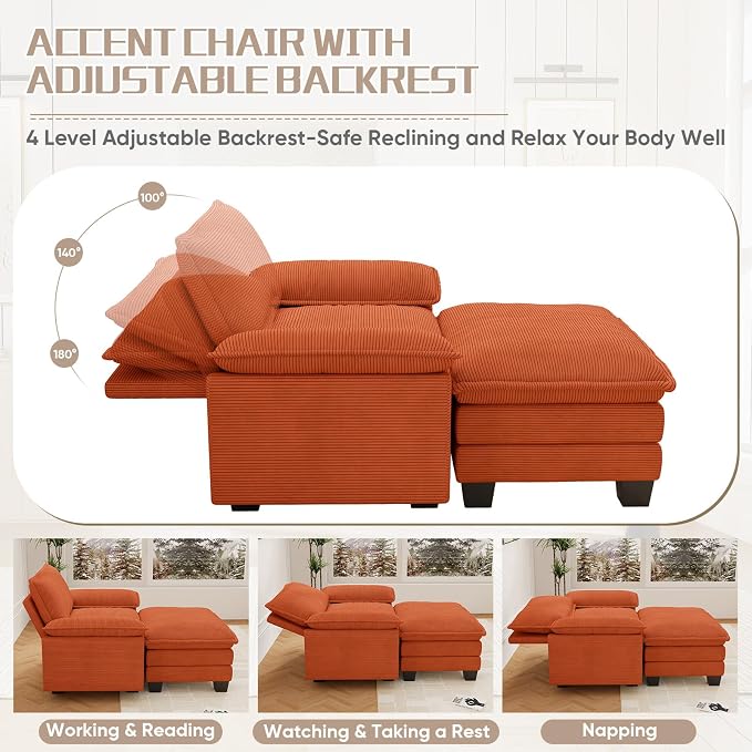 Chaise Lounge Chair Indoor, Oversized Accent Chairs with Ottoman, Luxury Corduroy Upholstered Deep Seat Sleeper Sofa Reading Chairs and A Half with Pillows for Living Room, Bedroom, Apartment, Orange