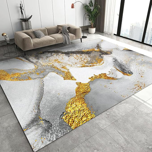 Light Luxury Gray Gold Marble Area Rug, Modern Marble Non Slip Accent Rug, Machine Washable Durable Carpet for Indoor Bedroom Living Room Office Decor Rug - 5 ft x 8 ft