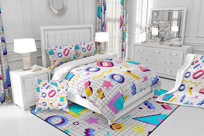 Retro 80s Style Bedding Set Twin,Abstract Geometric Pattern Duvet Cover Urban Modern Design with Circles and Triangle Comforter Cover Colorful Pop Art Inspired Pattern Quilt Cover for Boys Child