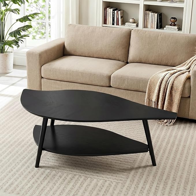 Small Coffee Table with Storage,Unique Leaf Handcrafted Marquetry,Mid Century Modern Oval Wooden Coffee Table,Natural Oak Veneer, Solid Wood Legs,for Living Room,Apartment(Black)