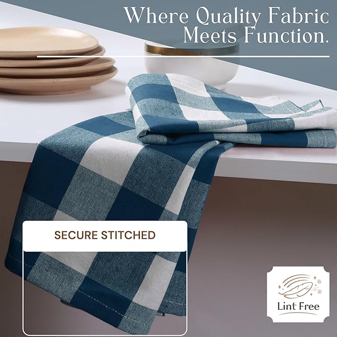 Teal Green Buffalo Check Kitchen Towels, 12 Pack, 100% Cotton, 16x26 Inches, Soft, Absorbent, Quick Dry, Dish Cloths, Bar & Restaurant Cleaning Towels with Hanging Loop, Teal White