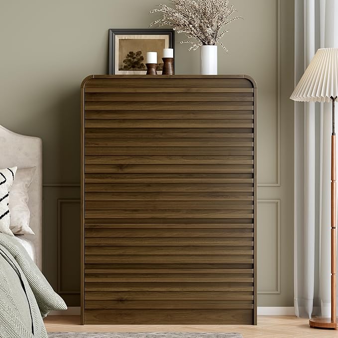 Fluted 5 Drawer Dresser for Bedroom, 45" Tall Wood Chests of Drawers with Curved Profile, Mid Century Modern Dresser with Large Storage & Hidden Handles for Living Room, Hallway, Walnut