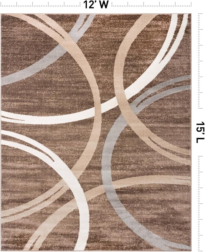 Rugshop Modern Wavy Circles Design Area Rug, Fade-Resistant Carpet for Living Room, Bedroom, or Dining Room, Grand Room,Open Spaces Brown, 12' x 15'