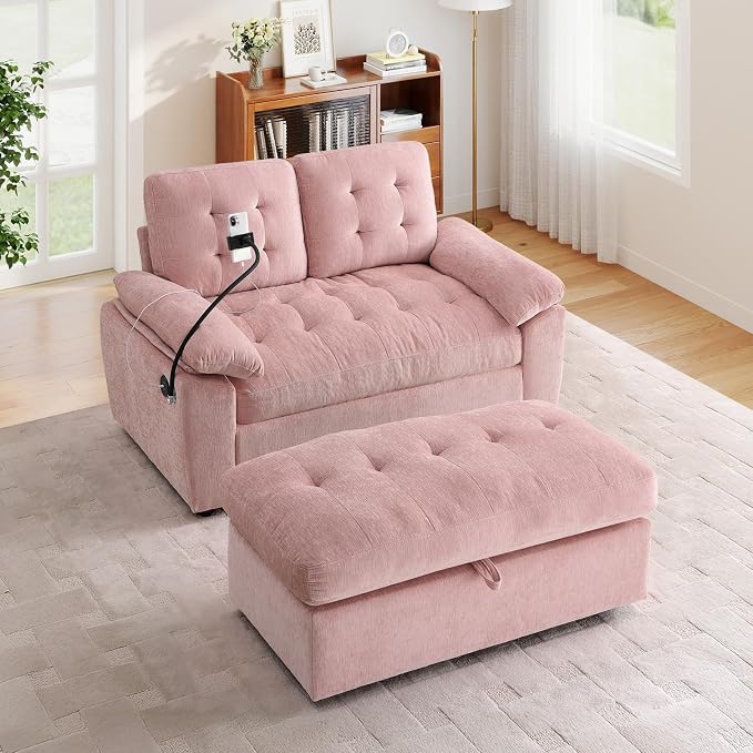 Oversized Chaise Lounge Chair Indoor with Ottoman&Adjustable Backrest,Chenille Tufted Recliner Comfy Loveseat Sofa Chair with USB&Phone Holder,Convertible Sleeper Couch Bed for Living Room(56"W,Pink)