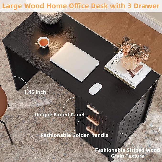 LEYAOYAO Office Desk 48" with 3 Drawers Storage File Cabinet Wood Fluted Desk for Computer Office Bedroom Home Furniture Black