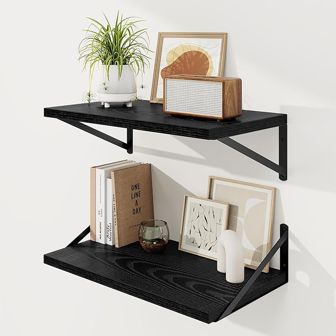 Floating Shelves, 12 Inch Deep Rustic Wood Wall Storage, 16W x 12D Wall Shelves Set of 2, Heavy Duty Metal Brackets, Large Industrial Book Shelf for Living Room, Kitchen, Bedroom, Black