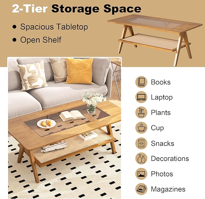 Mid Century Modern Coffee Table with Glass Top and Rattan Storage Shelf, Rectangular Natural Wooden Coffee Table, Unique Center Tables for Living Room Apartment Home, 47.2 Inch