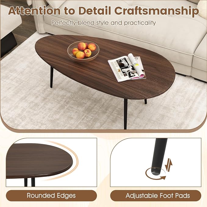 Giantex Oval Coffee Table, Mid Century Modern Center Table with Sturdy Metal Frame and Compact Design, Vintage Accent Cocktail Tea Table, Wood Living Room Tables for Small Spaces (Walnut)