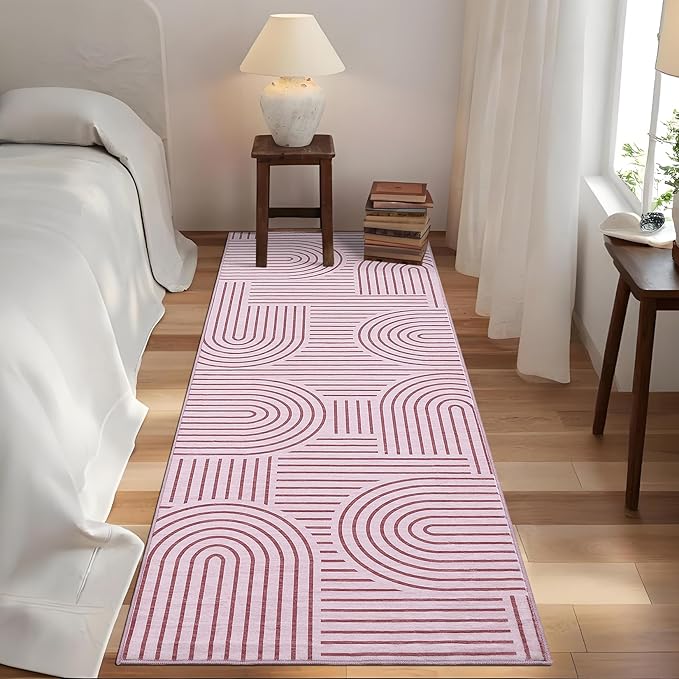 Modern Rug 2x6 Runners for Hallways, Abstract Kitchen Runner Rugs Non Slip Bath Runner, Rainbow Washable Runners Rug for Bedroom, Soft Long Rugs for Entryway Bathroom Laundry Dorm, Pink