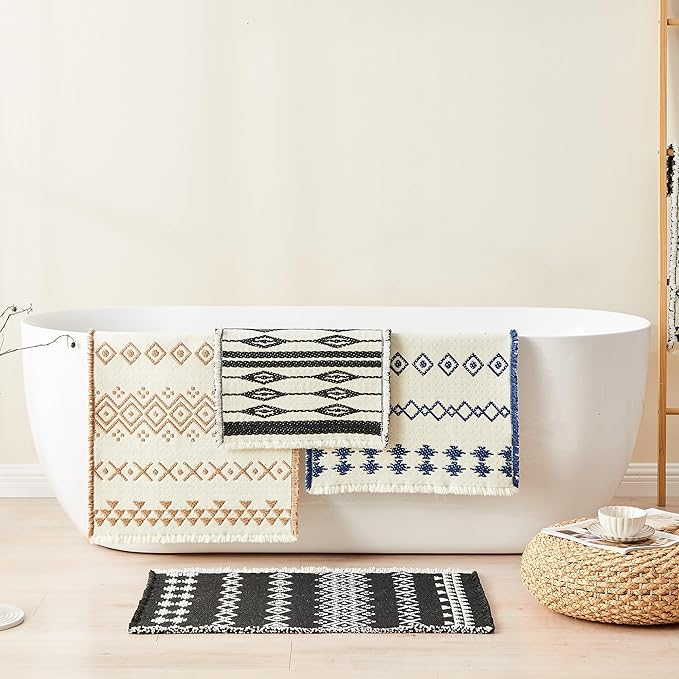 Douceur Boho bath mat for bathroom floor Non Slip, Acrylic blend cute Bath rugs with Tassels, Farmhouse Bathroom rugs with Geometric Tribal Ethnic Pattern Design in black and Cream white,15.7" x 23.6"