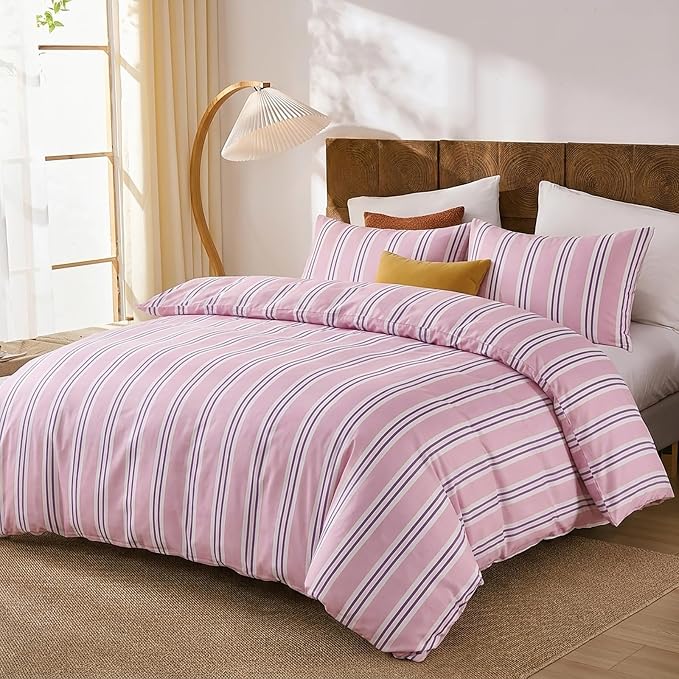 Merryword Striped Duvet Cover Set Queen Size - 100% Cotton Duvet Cover Set, Purple Ribbon Stripes Pattern Comforter Cover 3 Pieces, Soft Linen Like Bedding Set for All Seasons