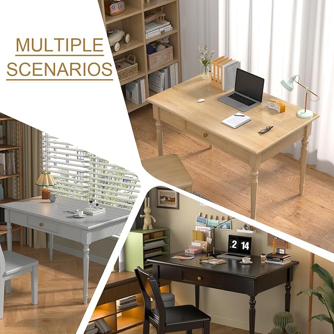 Solid Wood French Country Desk,Writing Desk with Storage Drawers,Farmhouse Computer Table Makeup Table Modern Simple Style,for Home Office Living Room Study Workspace Bedroom (Grey, 31.5IN)