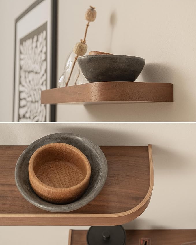 Kazai.® 18.5 inches Floating Shelves for Wall 'Toke' | Set of 3 Small Mounted Wooden Shelf Units | Modern Wall Decor & Storage for Living Room, Bathroom, Kitchen, Bedroom & More | Walnut