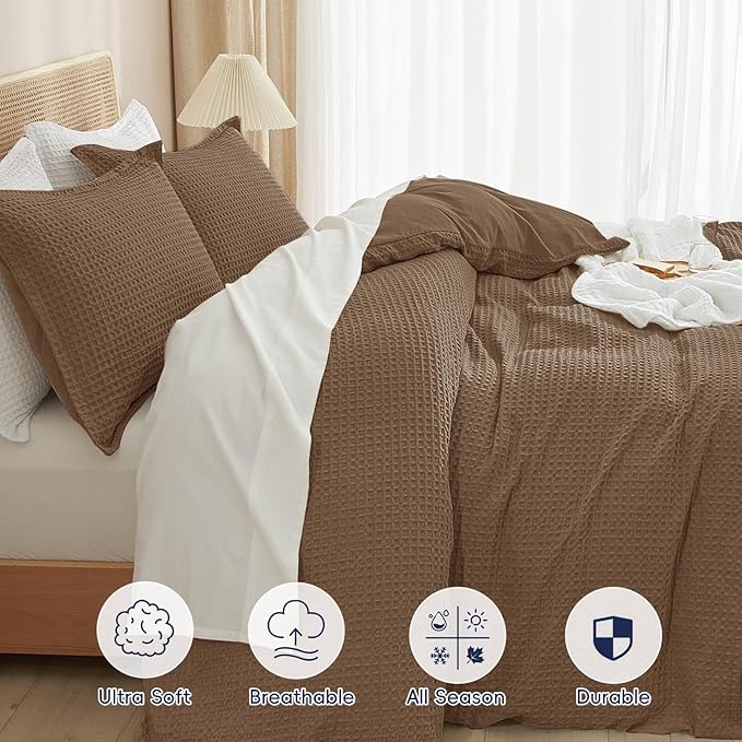 PHF Waffle Duvet Cover Set California King, No Snagging Soft Luxury Textured Breathable Comforter Cover for All Season 3pcs, Durable Bedding Duvet Set with 2 Pillow Shams, 104"x98", Mocha