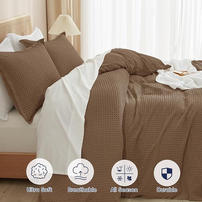 PHF Waffle Duvet Cover Set Twin/Twin XL Size, No Snagging Soft Luxury Textured Breathable Comforter Cover for All Season 2pcs, Durable Bedding Duvet Set with 1 Pillow Sham, 68"x90", Mocha