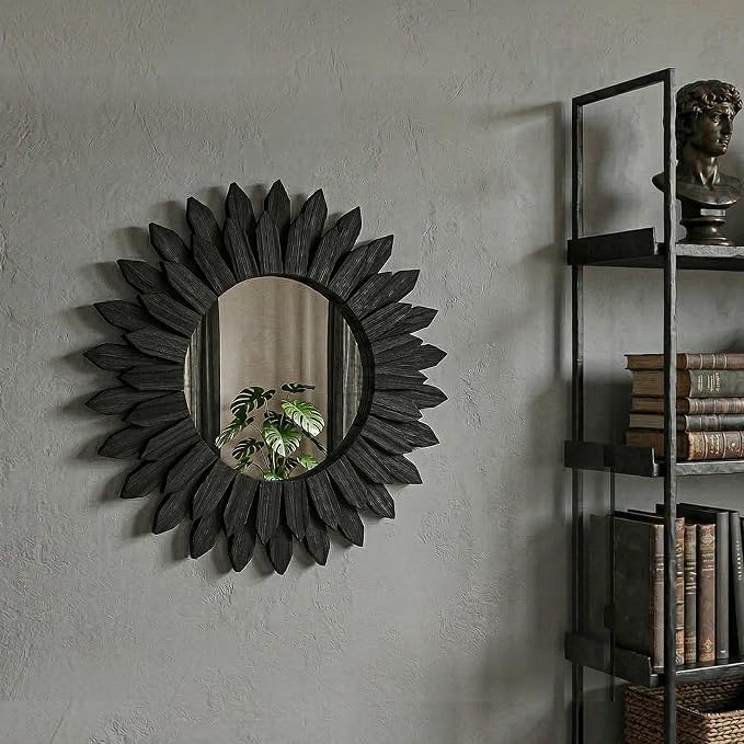Boho Wood Sunburst Round Wall Mirror, 20 Inch Rustic Circle Wooden Frame Decorative Mirror for Farmhouse Coastal Home, Home Wall Decor for Living Room Entryway Bedroom, Black