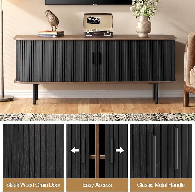 55''W Storage Cabinet, Fluted Sideboard Buffet Cabinet with Storage, Console Table Credenza with Tambour Slatted Sliding Doors and Shelves, Modern TV Stand for Living Room, Kitchen, Entryway, Black