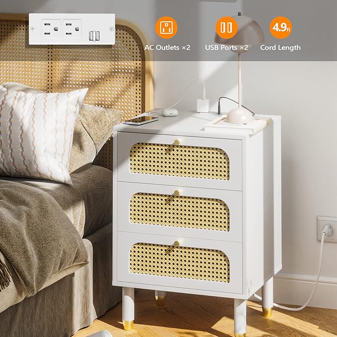 VINGLI Rattan Nightstand with Charging Station, 27" Tall White Nightstand with 3 Drawers for Bedroom, Boho Mid Century Modern Bed Side Table/End Table (White, 1 Pack)