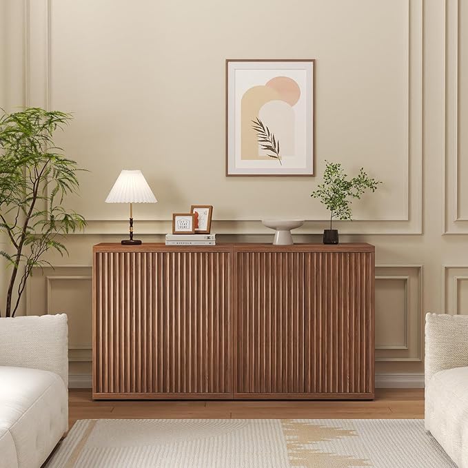 31” Sideboard Cabinet with Storage, Fluted Accent Cabinet with Adjustable Shelves, Modern Wood Credenza Cabinets with Pop-up Doors for Entryway Kitchen Living Room Hallway, Walnut 2pcs